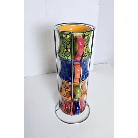 Pier 1 Imports Kitschy Owl Mugs Colorful Stacking Coffee Tea 4 Piece Set - Picture 2 of 5